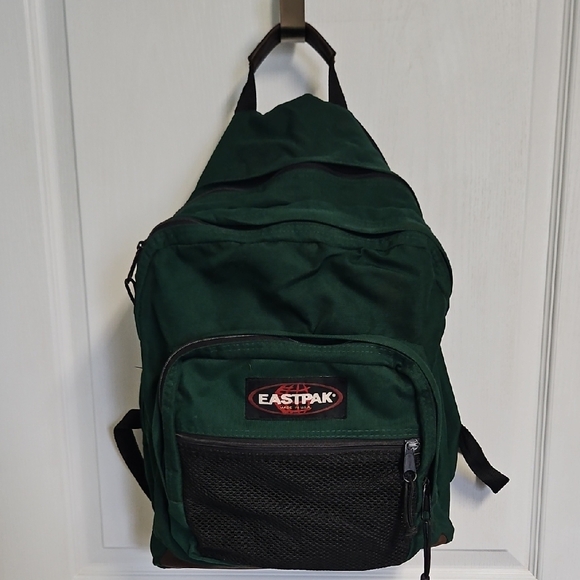 Vintage Eastpak Made in USA Brown Leather Bottom Backpack - Dark Green & Black - Picture 1 of 15
